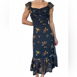 Navy Foral Sheer Overlay Midi Dress with Ruffle Details Size 2